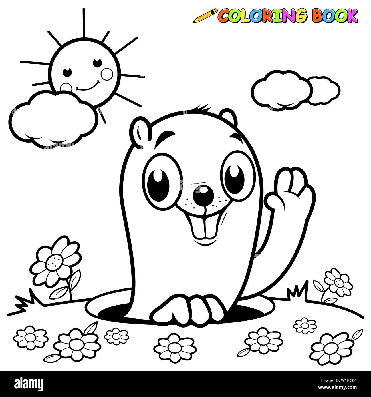 En noir et blanc indiquant l'illustration d'une marmotte, c'est de trou. Page de livre de coloriage. Banque D'Images