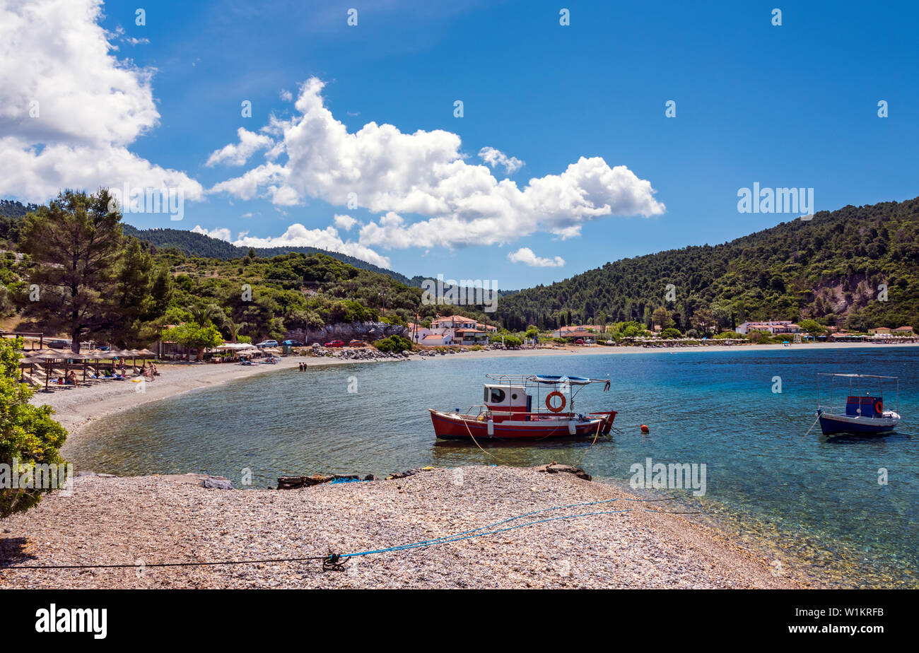 La plage de Panormos Skopelos, Sporades du Nord, Grèce. Banque D'Images
