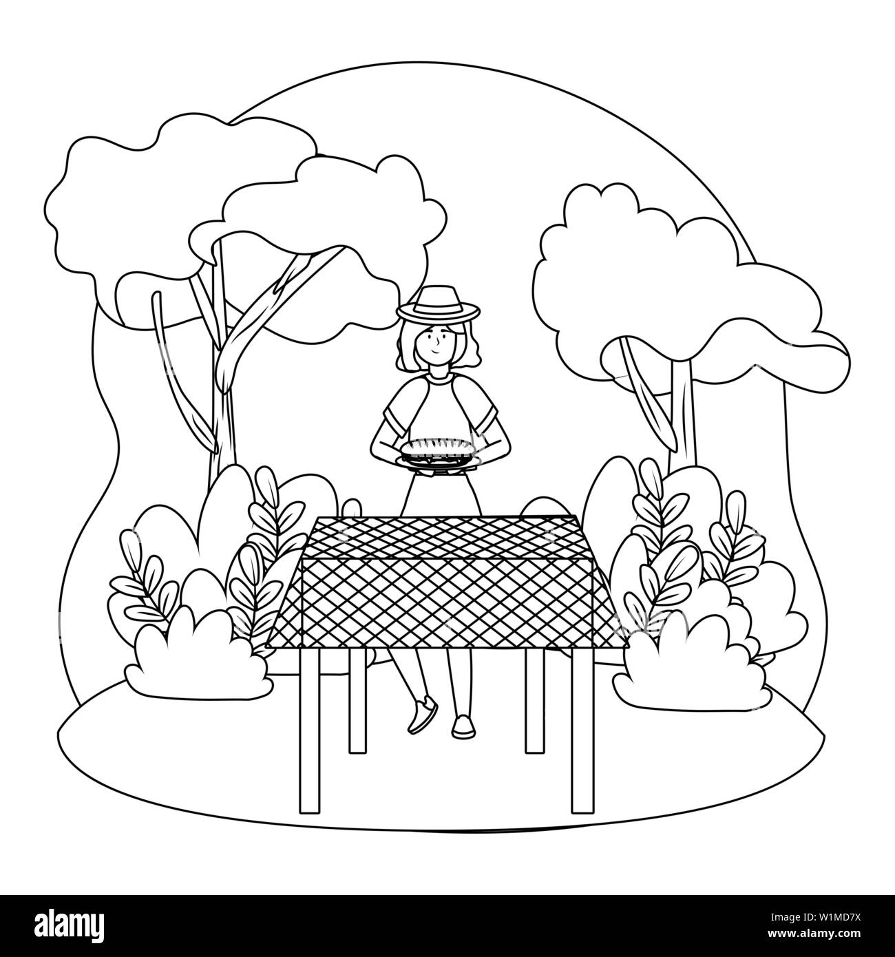 Femme cartoon having picnic design, d''aliments sains loisirs printemps déjeuner et repas thème Vector illustration Illustration de Vecteur