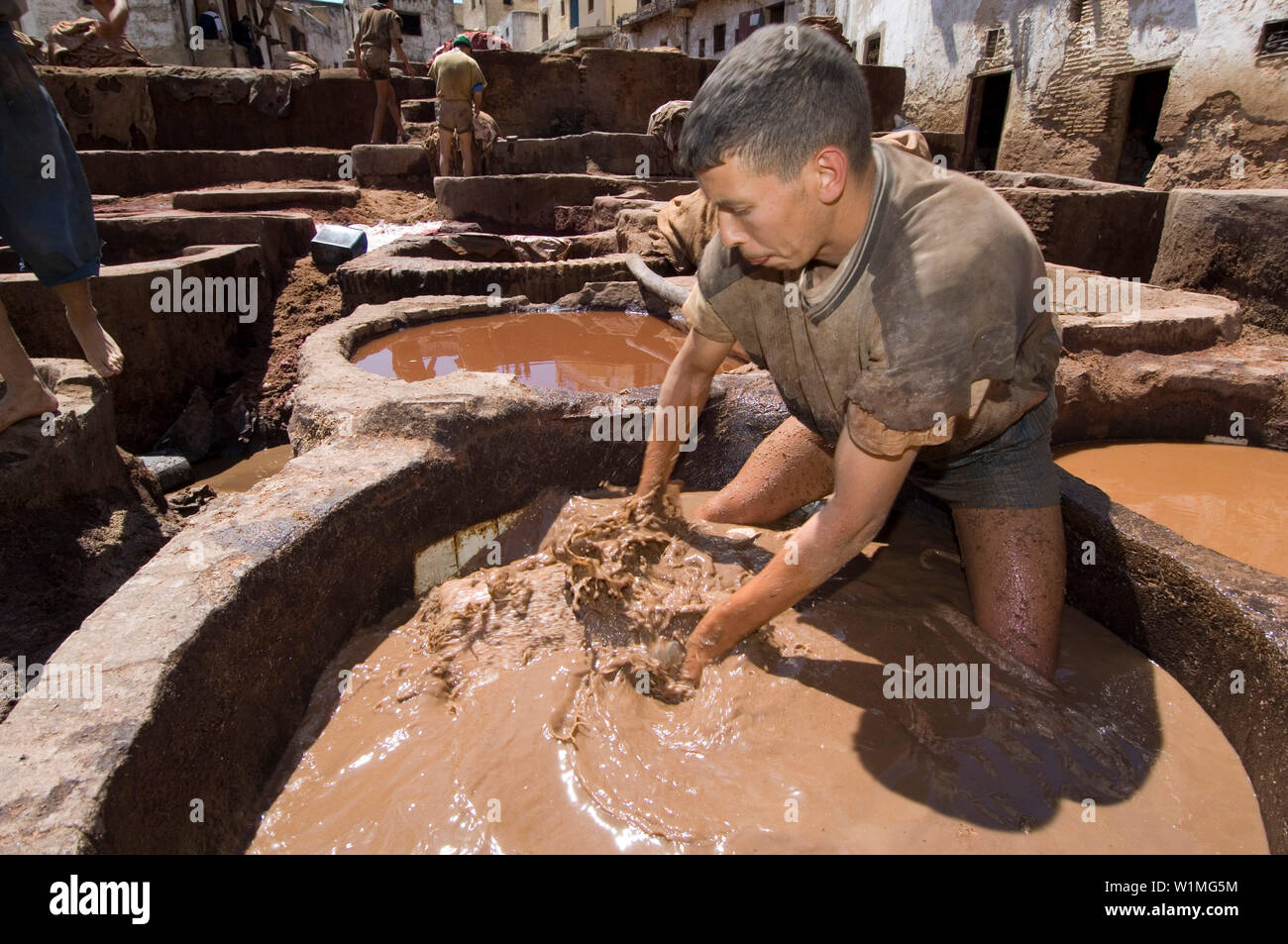 Travailleur dans les tanneurs trimestre, Chouara, Fes, Maroc Banque D'Images