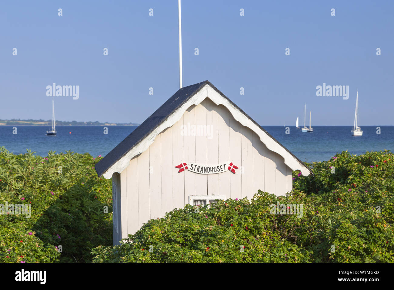 Beach Hut Strandhuset AErøskøbing à la plage de l'île, au sud de la Fionie, ÆRØ, archipel des îles de la mer du sud du Danemark, Danemark du Sud, Danemark, Scandinavi Banque D'Images