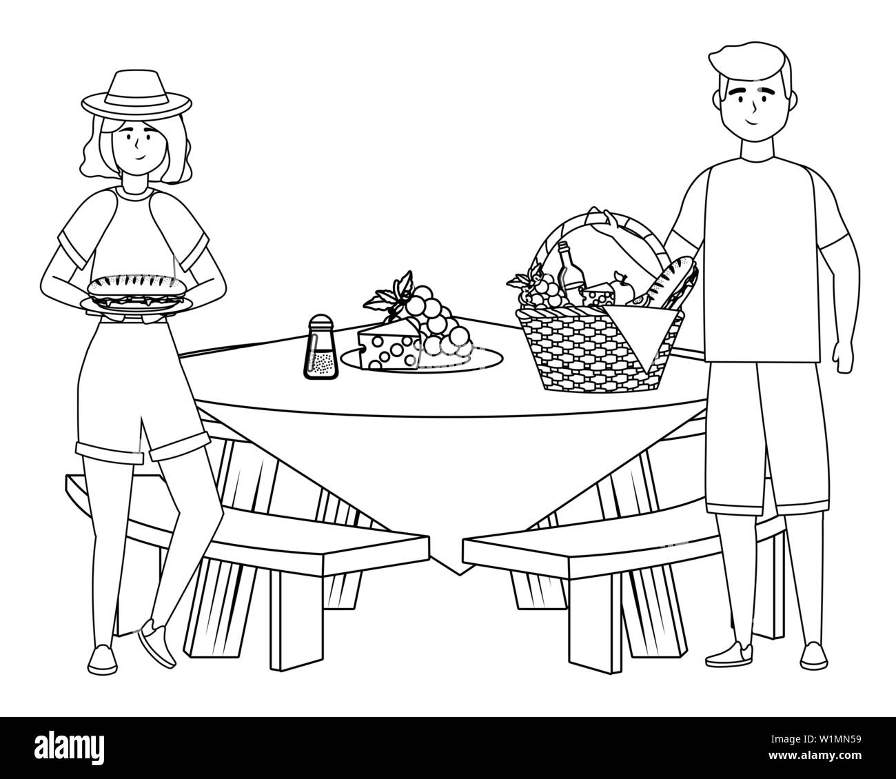 La femme et l'homme cartoon having picnic design, d''aliments sains loisirs printemps déjeuner et repas thème Vector illustration Illustration de Vecteur