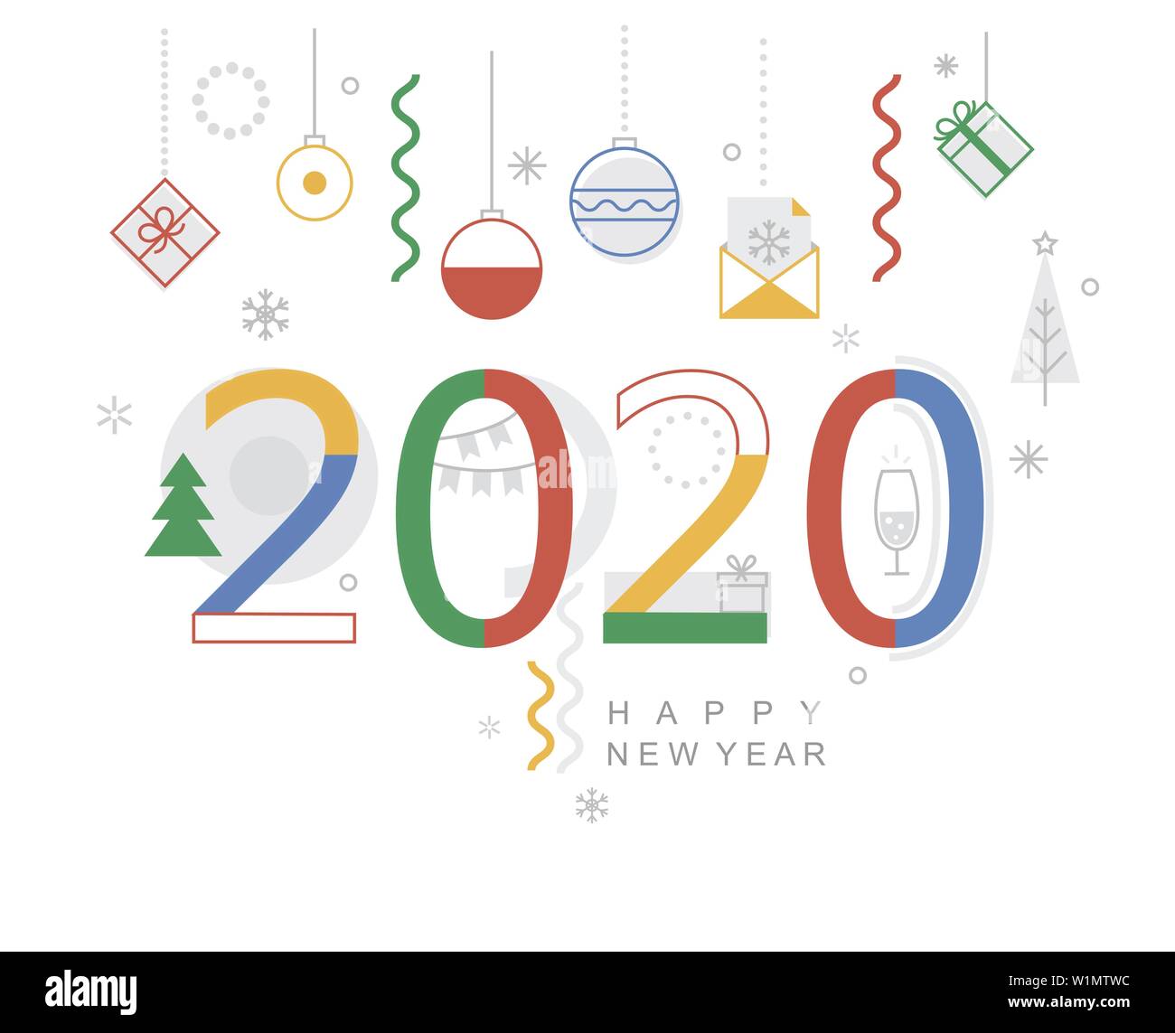 2020 Nouvelle année un minimum d'ouverture. Carte de design moderne, l'affiche avec des formes géométriques, des boules de noël et les cadeaux, qui souhaite bonnes vacances.Super pour partie, web Illustration de Vecteur