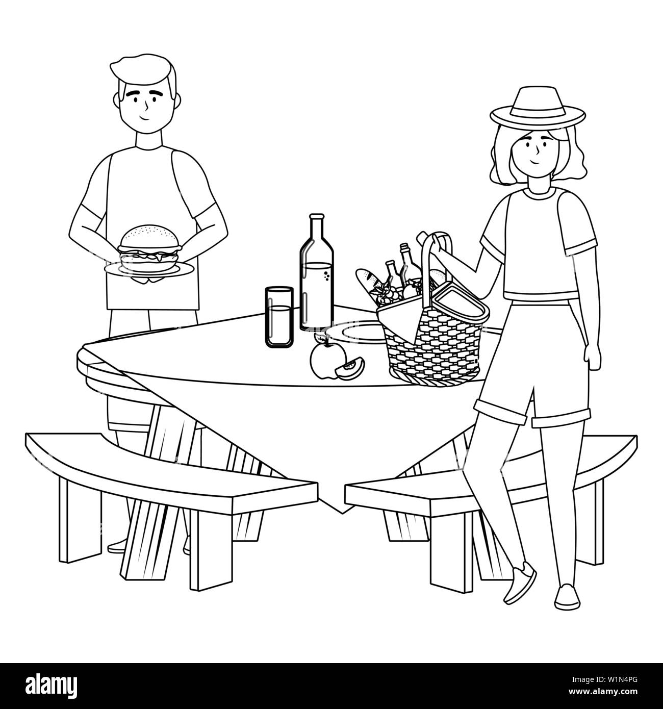 La femme et l'homme cartoon having picnic design, d''aliments sains loisirs printemps déjeuner et repas thème Vector illustration Illustration de Vecteur