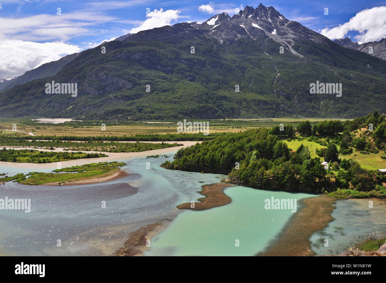 La vallée de la rivière Río Ibáñez près de Cerro Castillo, Carretera Austral, Región Aysén, la Patagonie, les Andes, au Chili, en Amérique du Sud Banque D'Images