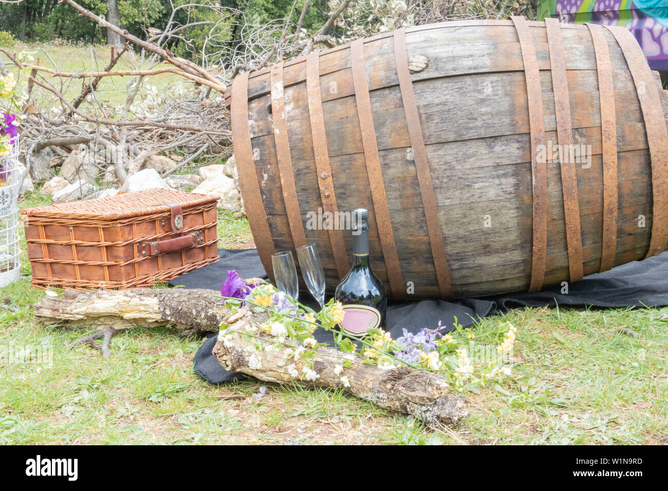 Chic Picnic pour la célébration de la fête des vendanges, vinification du champagne, le canon et bouteille de champagne Banque D'Images