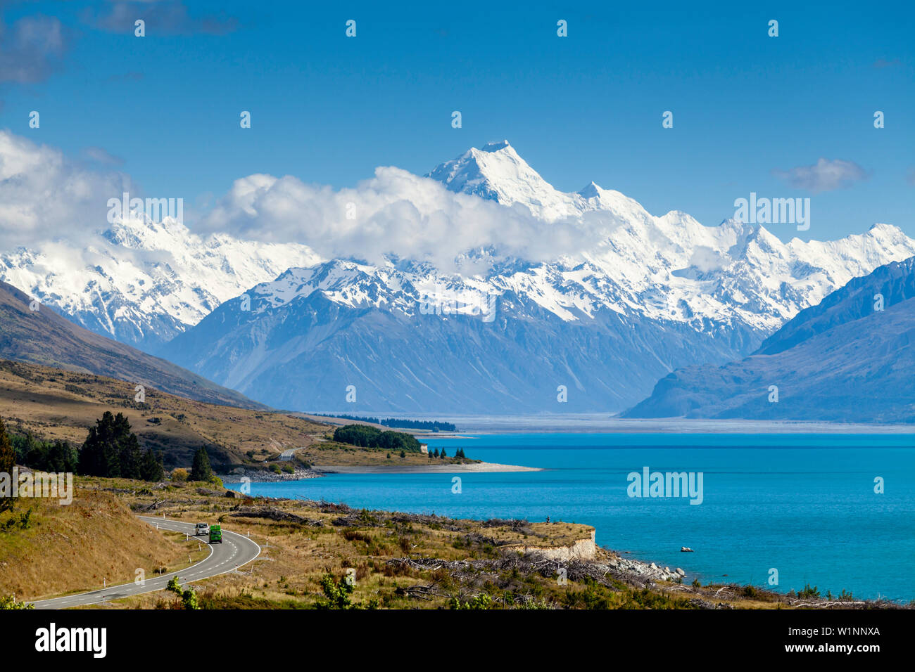 Le lac Pukaki et Mt Cook (Aoraki), Parc National du Mont Cook, île du Sud, Nouvelle-Zélande Banque D'Images
