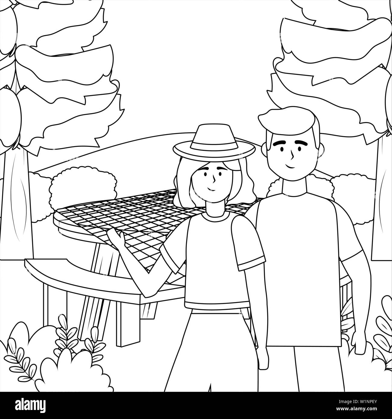 La femme et l'homme cartoon having picnic design, d''aliments sains loisirs printemps déjeuner et repas thème Vector illustration Illustration de Vecteur