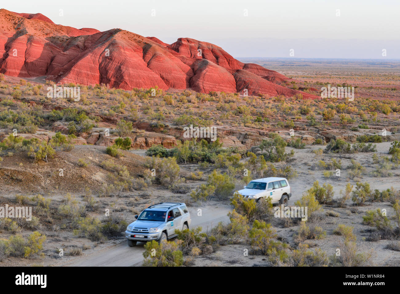 Jeeps à Aktau Mountains (Montagnes Blanches), paysage désertique avec des montagnes de grès colorés, Altyn Emel National Park, région d'Almaty, Kazakhstan, C Banque D'Images