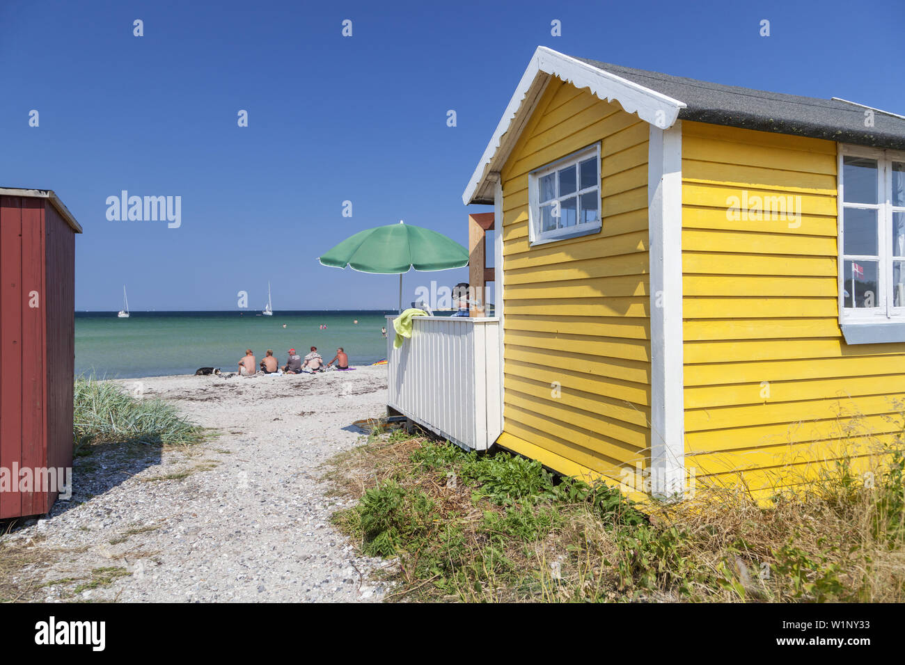 Cabines de plage à la plage de l'Île, AErøskøbing ærø, au sud de la Fionie, archipel des îles de la mer du sud du Danemark, Danemark du Sud, Danemark, Scandinavie, Nord Banque D'Images