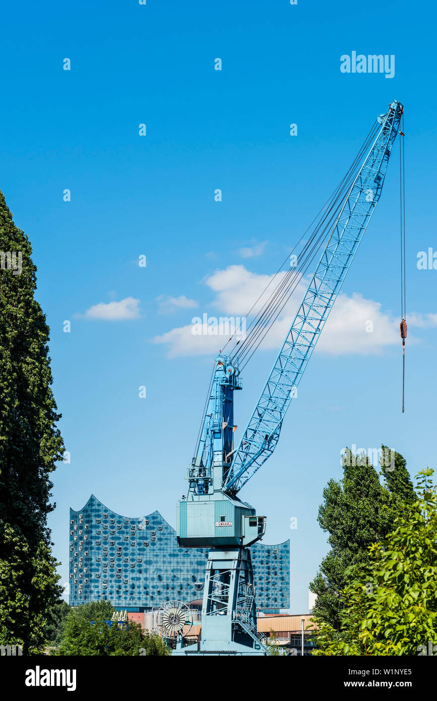 Vue de la salle de concert avec une grue de chantier Elbphilharmonie en premier plan, Hambourg, Hafencity, Allemagne Banque D'Images
