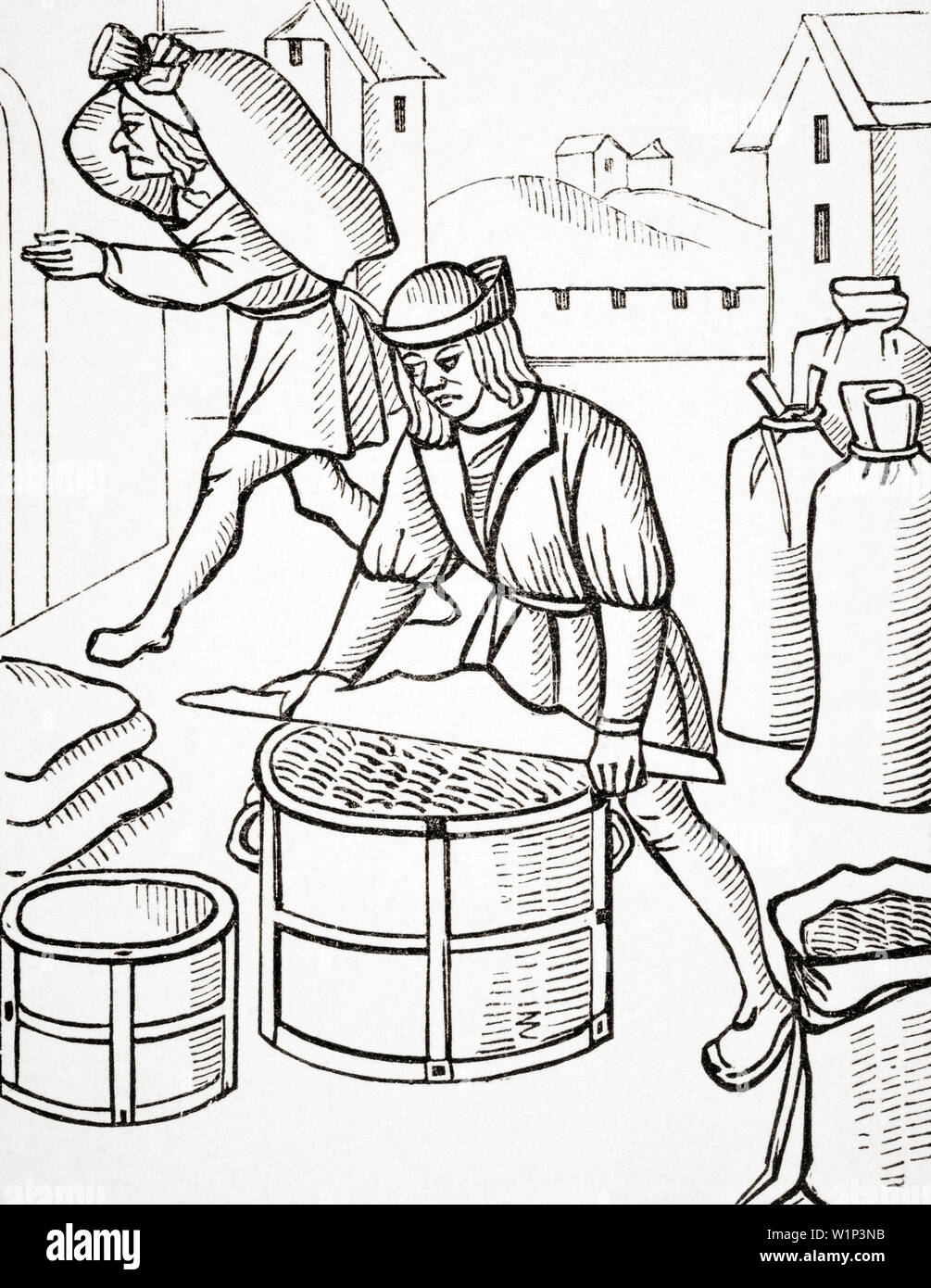 Jaugeurs de maïs dans Paris. Après une gravure sur bois de Royal des ordonnances concernant la compétence de la compagnie de marchands et d'Shrievalty dans la ville de Paris, publié 1528. Banque D'Images