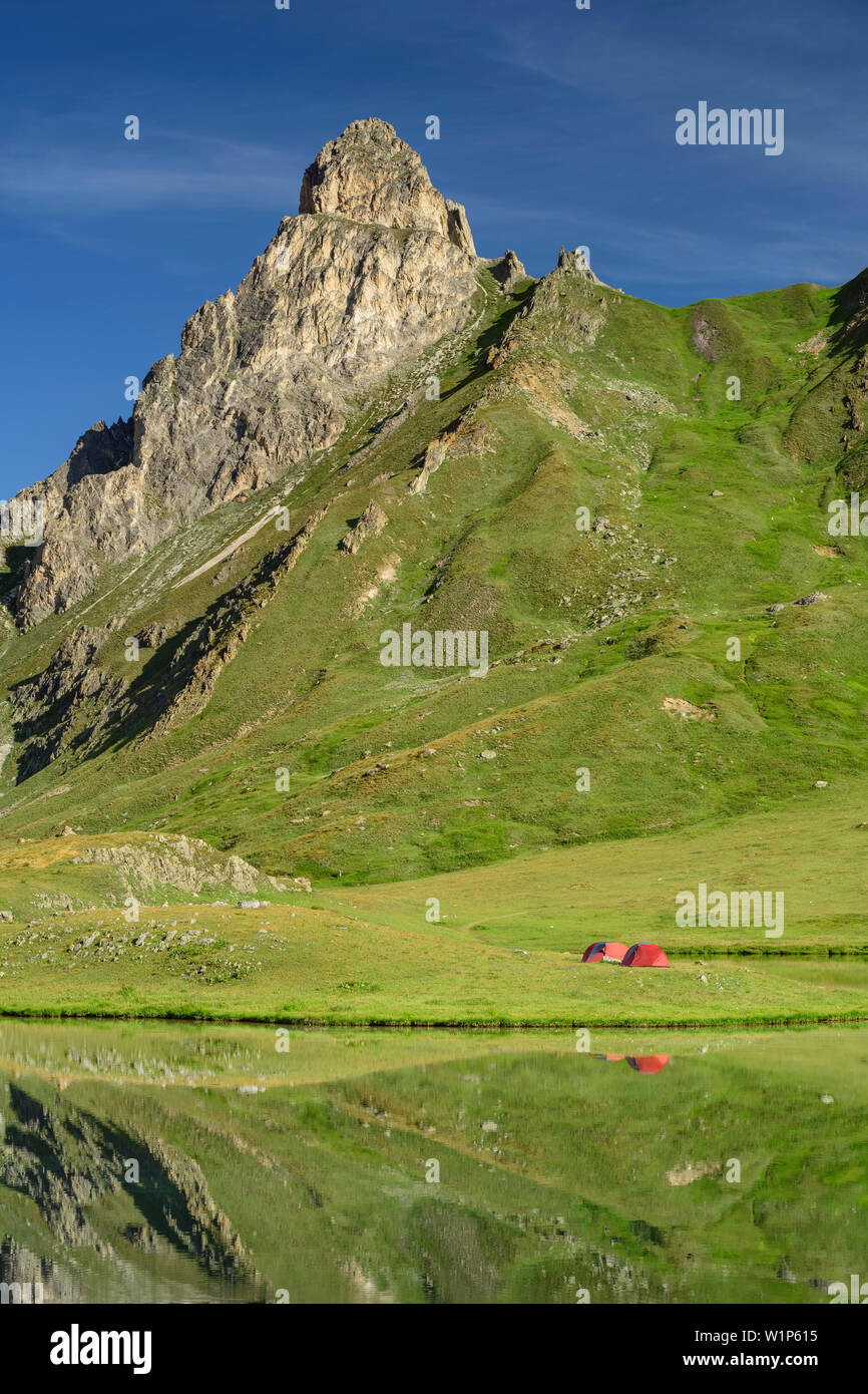 Deux tentes debout à Lac des marches, pic de la ceinture en arrière-plan, lac des marches, Dauphine, Dauphiné, Hautes Alpes, France Banque D'Images