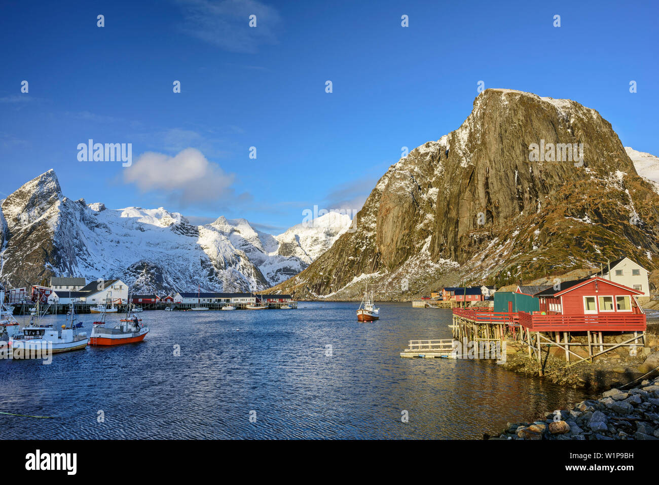 Harbour et Fisherman's Cabins à Hamnoy, Lofoten, Nordland, Norvège Banque D'Images
