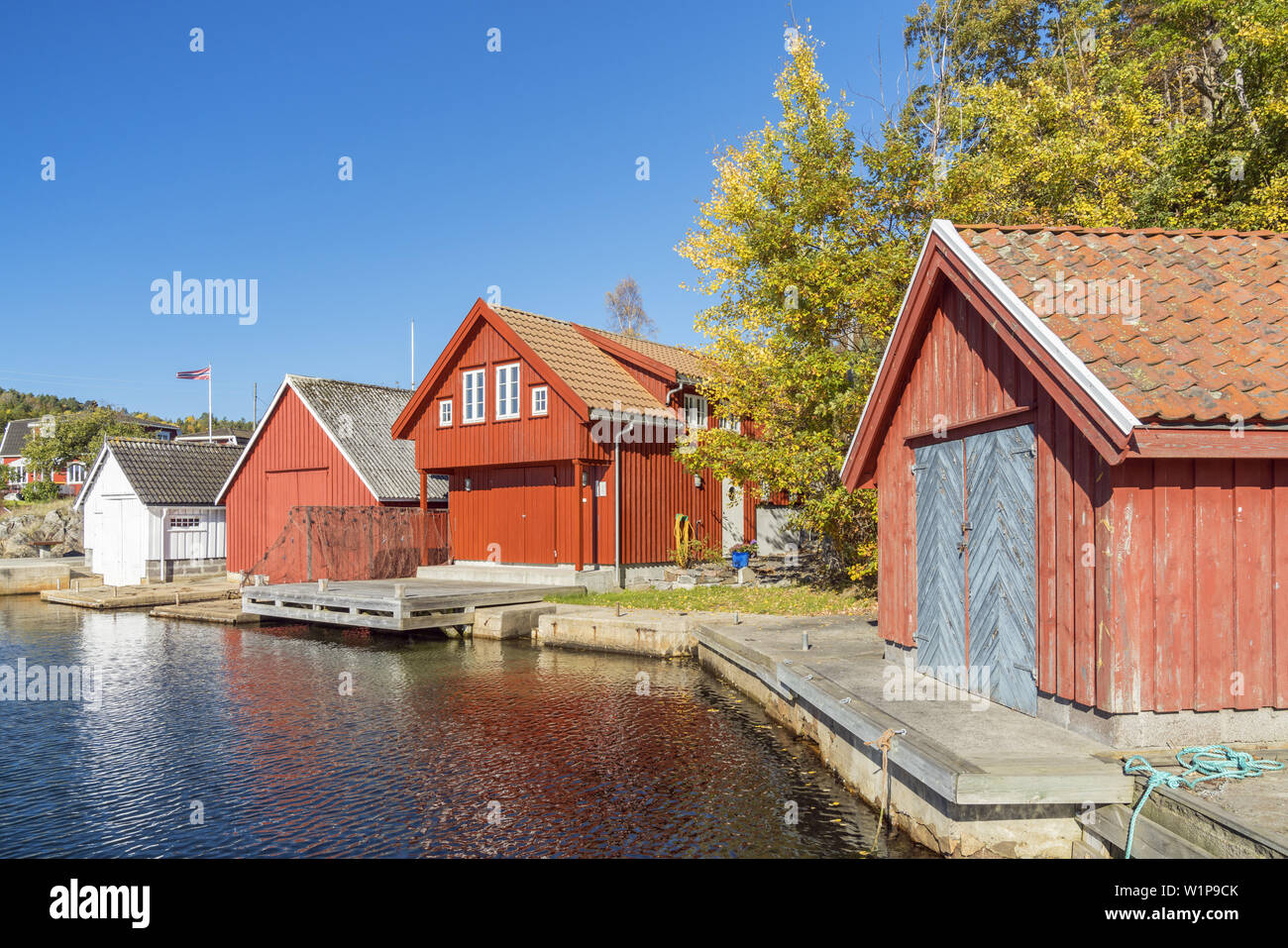 Dans Krokvåg cabanes de pêcheurs, près de Arendal, Aust-Agder, Norvège du Sud, Sørlandet, Norvège, Scandinavie, Europe du Nord, Europe Banque D'Images
