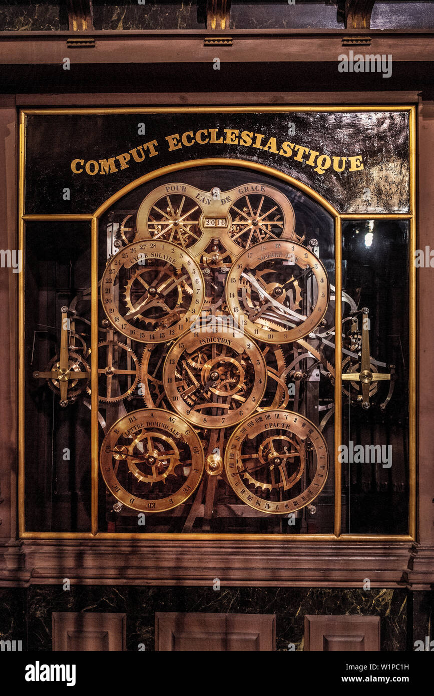 Détail de l'engrenage de l'horloge astronomique, l'intérieur de la cathédrale de Strasbourg, Strasbourg, Alsace, France Banque D'Images