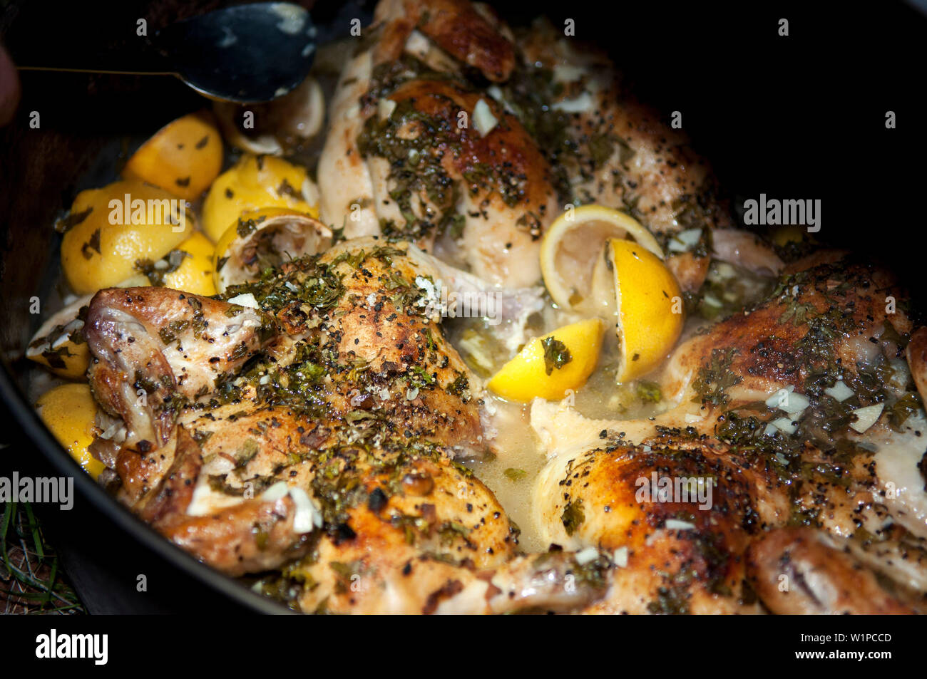 Poulet rôti au citron, cuit avec un camp overn Banque D'Images