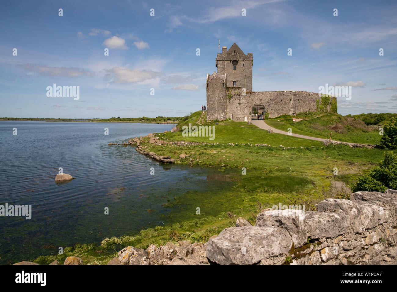 Les ruines de Dunguaire Château est situé sur le bord d'une baie sur l'océan Atlantique, Dungnaire Castle, comté de Galway, Irlande, Europe Banque D'Images