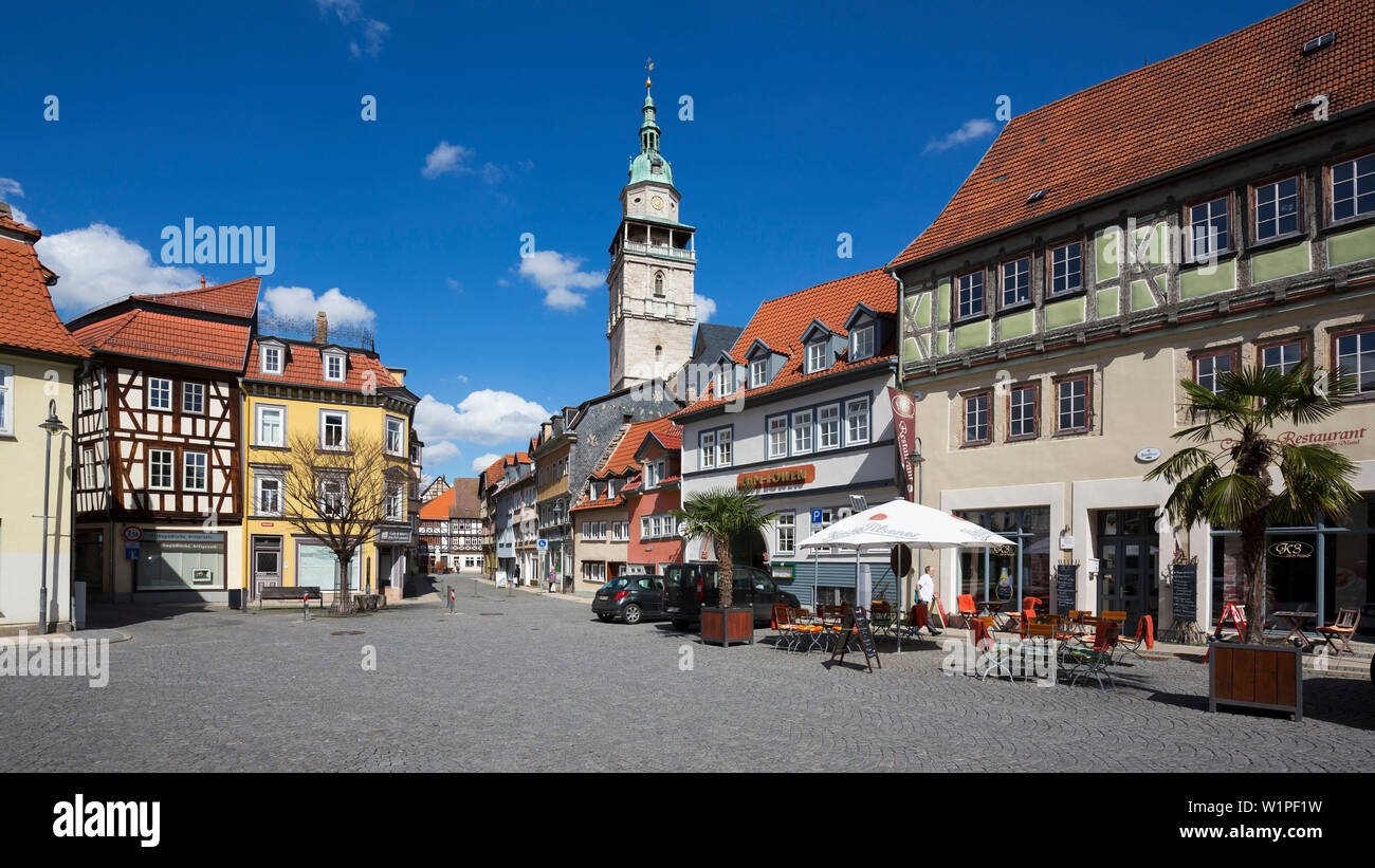 Cornmarket, Kornmarkt, l'église Marktkirche, Saint Bonifacius, Bad Langensalza, Thuringe, Allemagne, Europe Banque D'Images