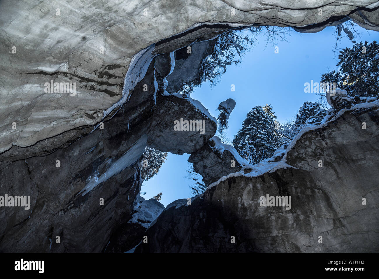Allemagne, Bavière, Alpes, Oberallgaeu, Oberstdorf, paysage d'hiver, vacances d'hiver, vacances d'hiver, vacances en famille, la randonnée, le chemin de randonnée d'hiver en t Banque D'Images
