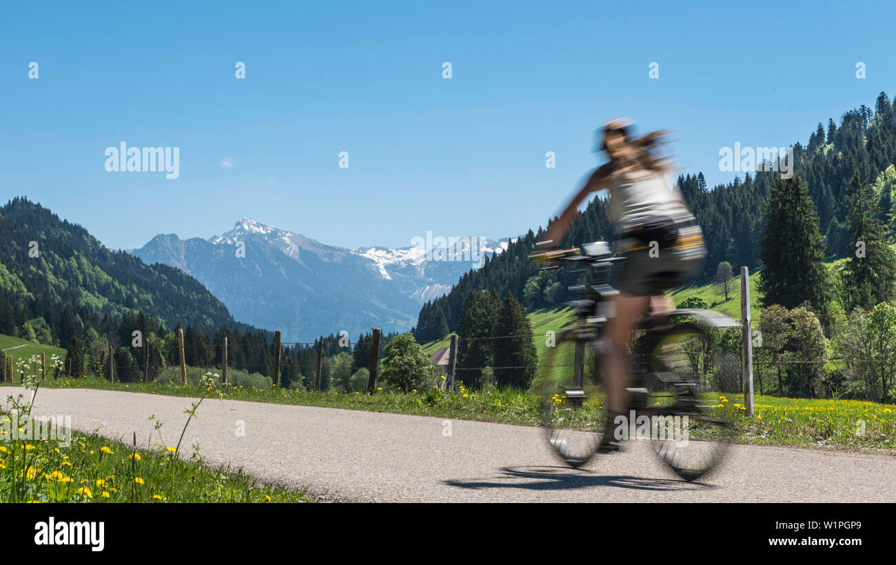 Allemagne, Bavière, Alpes, Oberallgaeu, Oberstdorf, Rohrmoos, paysage d'été, vacances d'été, le VTT dans les montagnes, panorama de montagnes en t Banque D'Images