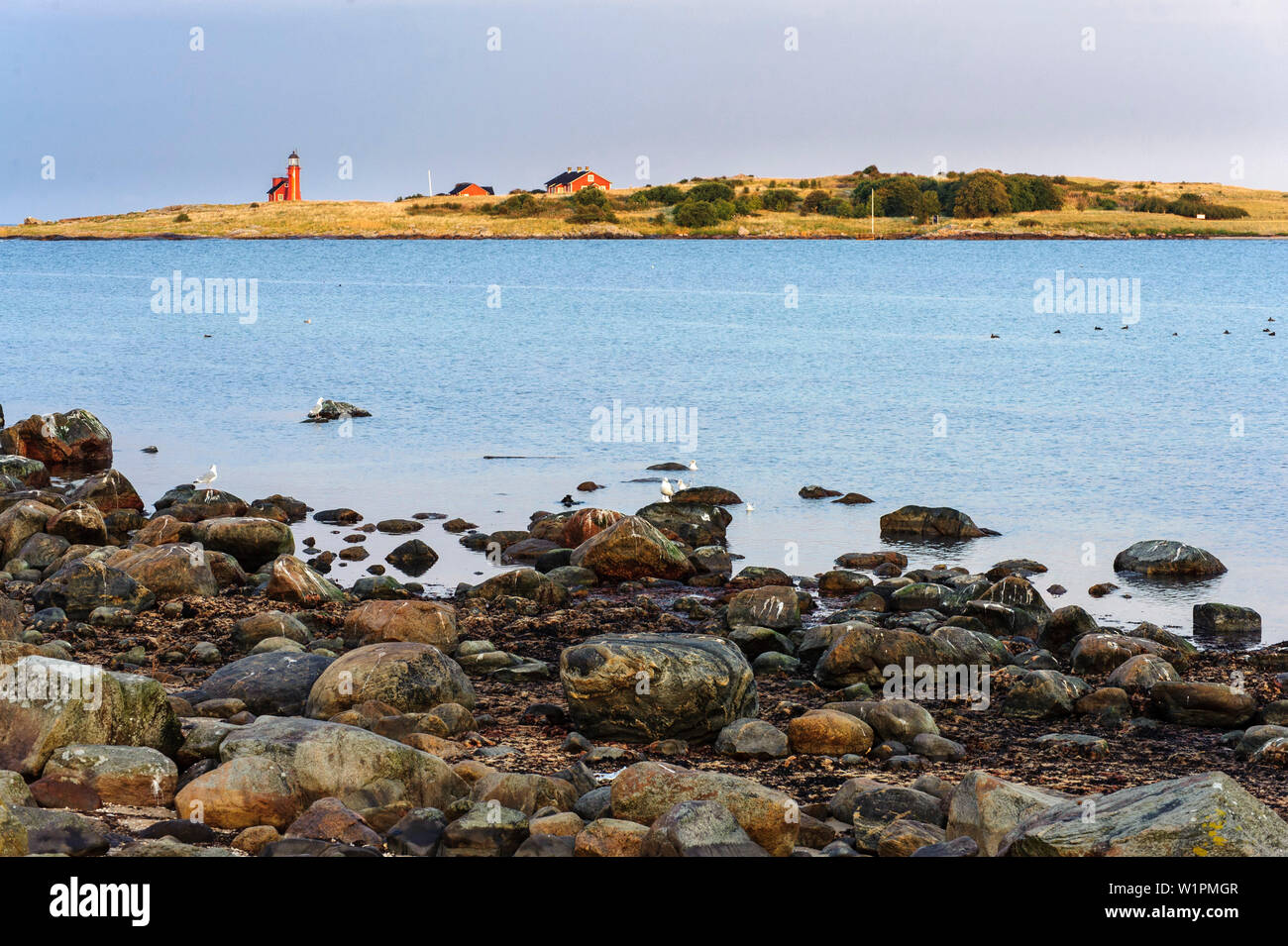 Tyloesand avec plage île avec phare, Suède Banque D'Images