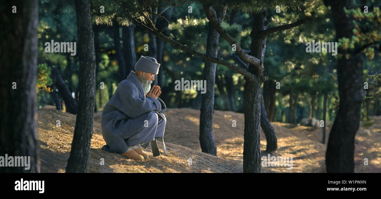 Le moine bouddhiste priant dans une forêt près de Haeundae, Busan, Haeundae, Busan, Corée du Sud, Asie Banque D'Images