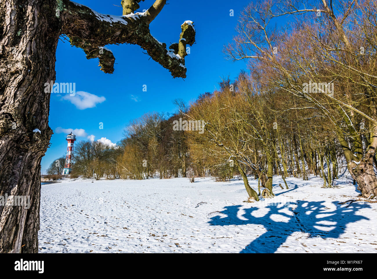 L'hiver à la plage de l'Elbe, Leuchtturm Rissen, Hambourg, Allemagne Banque D'Images