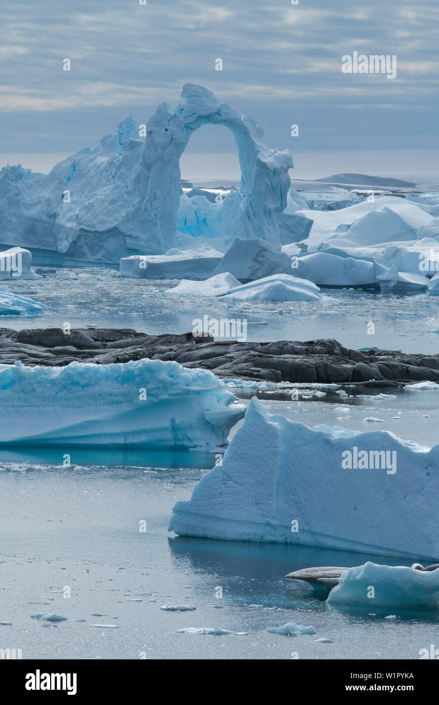 L'un des nombreux icebergs dispose d'une improbable archway imposants au moins 20 mètres de haut, Pleneau Island, archipel Wilhelm, l'Antarctique Banque D'Images