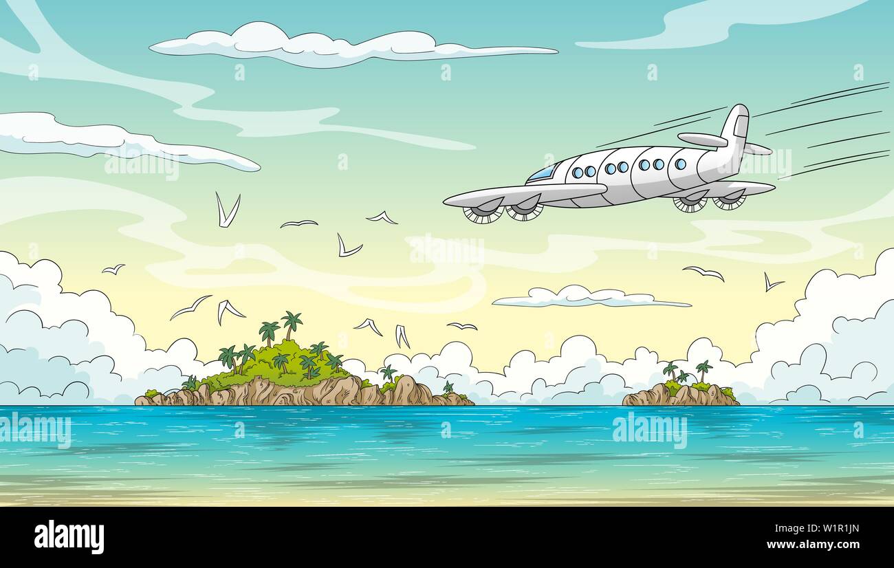 Ozean avec deux îles et avion. Dessiner à main vector illustration avec des calques distincts. Illustration de Vecteur Ozean avec deux îles et avion. Dessiner à main vector illustration avec des calques distincts. Illustration de Vecteur