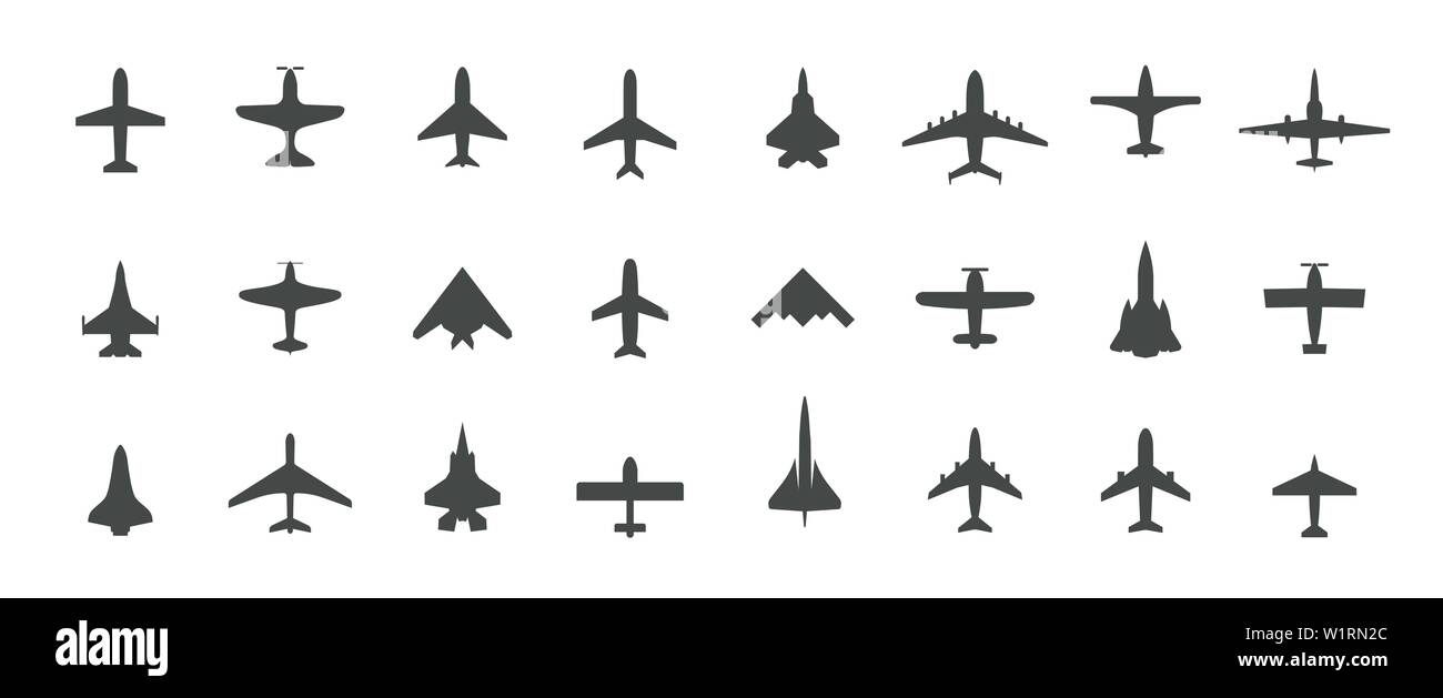 Vue de dessus d'aéronefs icon set. Ensemble de silhouette noire des avions, jets privés, des avions et des avions Retro icônes. Logos vectoriels isolé sur blanc modèle Illustration de Vecteur