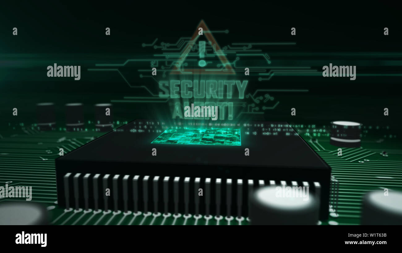 Alerte de sécurité hologramme rougeoyant sur l'unité centrale de travail en arrière-plan. Cyber-attaque, sécurité informatique, avertissement et la protection numérique et moderne futuri Banque D'Images