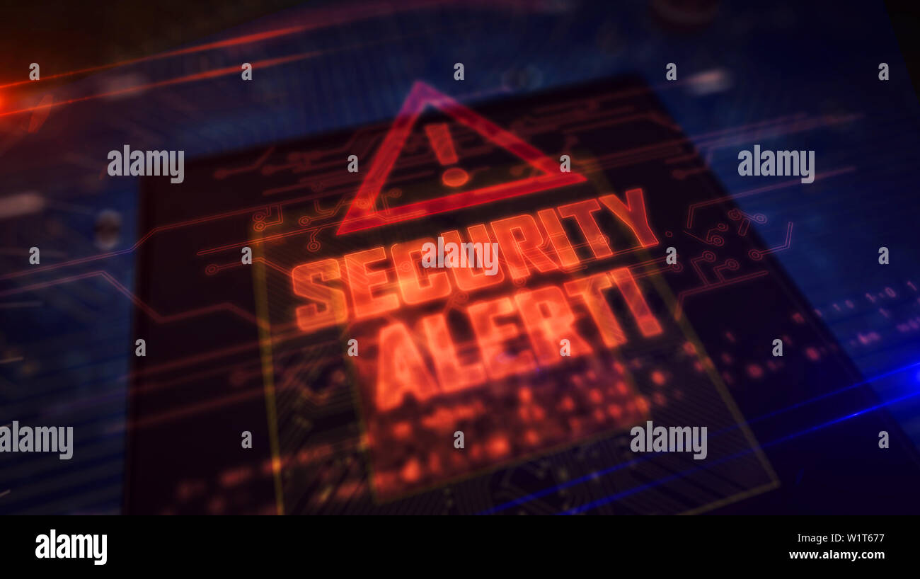 Alerte de sécurité hologramme rougeoyant sur l'unité centrale de travail en arrière-plan. Cyber-attaque, sécurité informatique, avertissement et la protection numérique et moderne futuri Banque D'Images