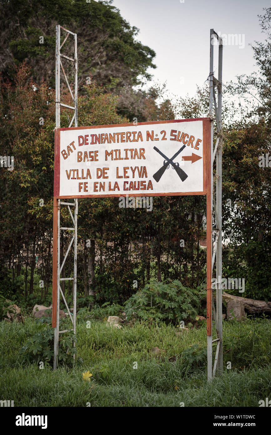 Sur la plaque de la présence d'une base militaire, Villa de Leyva, Boyacá, Colombie, Amérique du Sud Banque D'Images