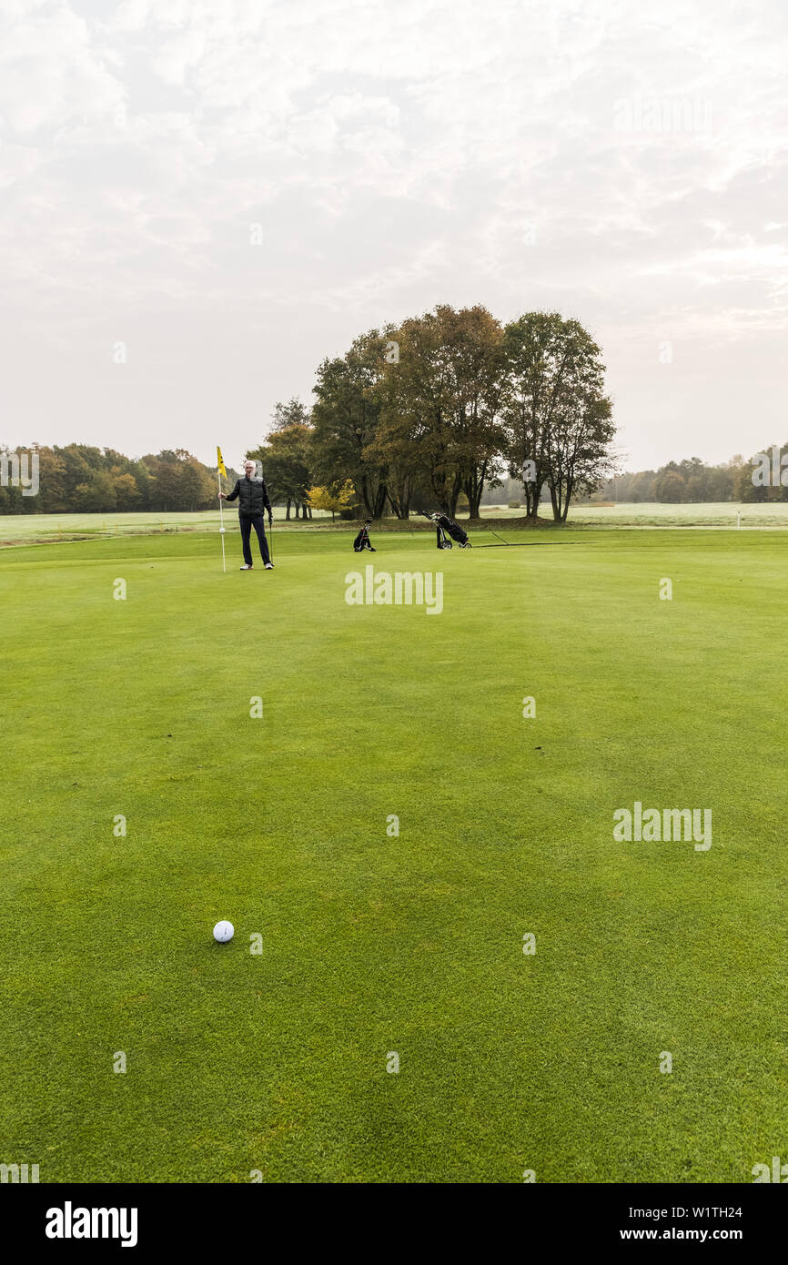 Joueur de golf mise sur le green de golf, près de Hambourg, dans le nord de l'Allemagne, Allemagne Banque D'Images