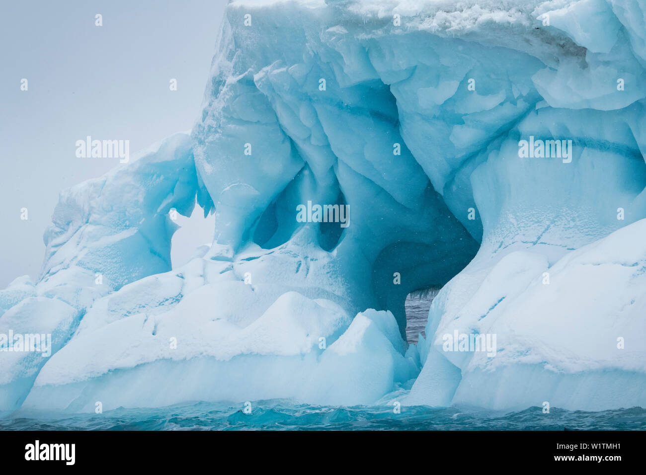 Un iceberg formé avec de nombreux trous et tunnels flotte comme une sculpture moderne sur la mer ouverte, Brown Bluff, mer de Weddell, Antarctique Peninsul Banque D'Images