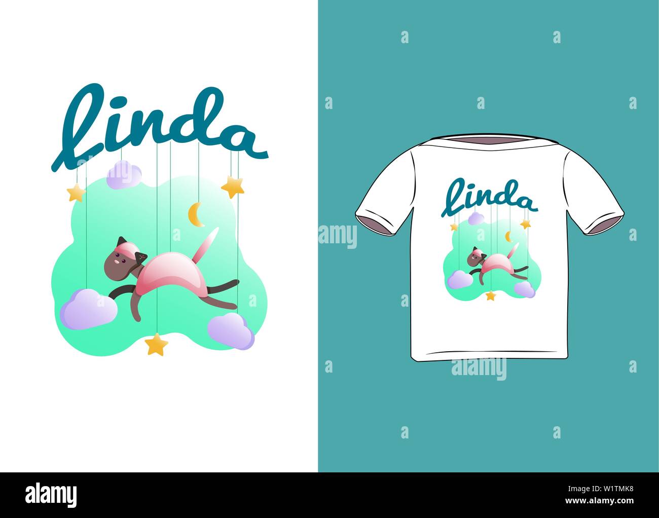 Typographie poster design avec silhouette de chat rose et l'expression 'Linda', étoile, ciel, nuage, lune. Lettrage d'inspiration avec l'animal. Imprimer pour T-shir Illustration de Vecteur