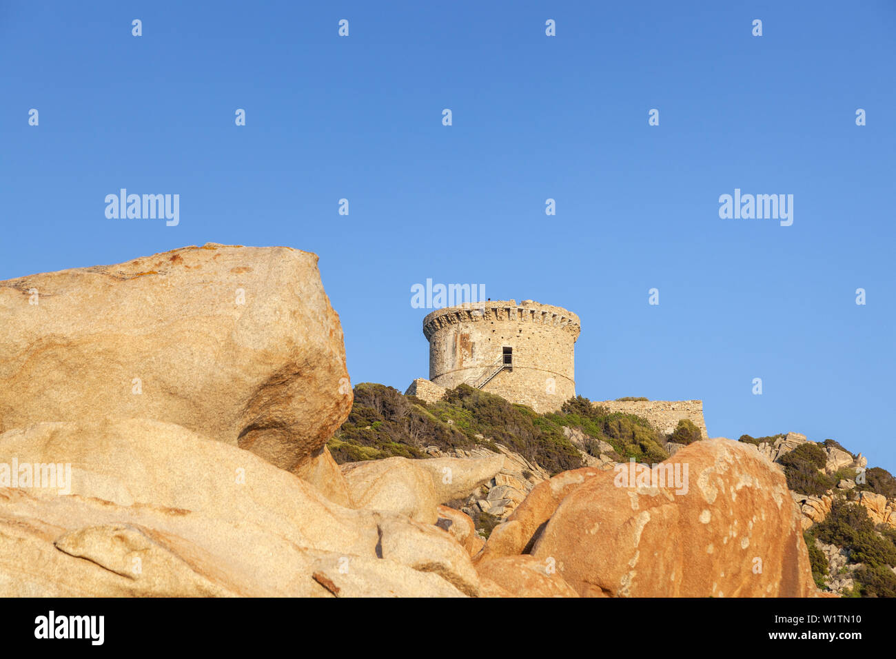 Tower sur la côte à Punta di Campomoro, Campomoro, Corse du Sud, Corse, France du Sud, France, Europe du Sud, Europe Banque D'Images