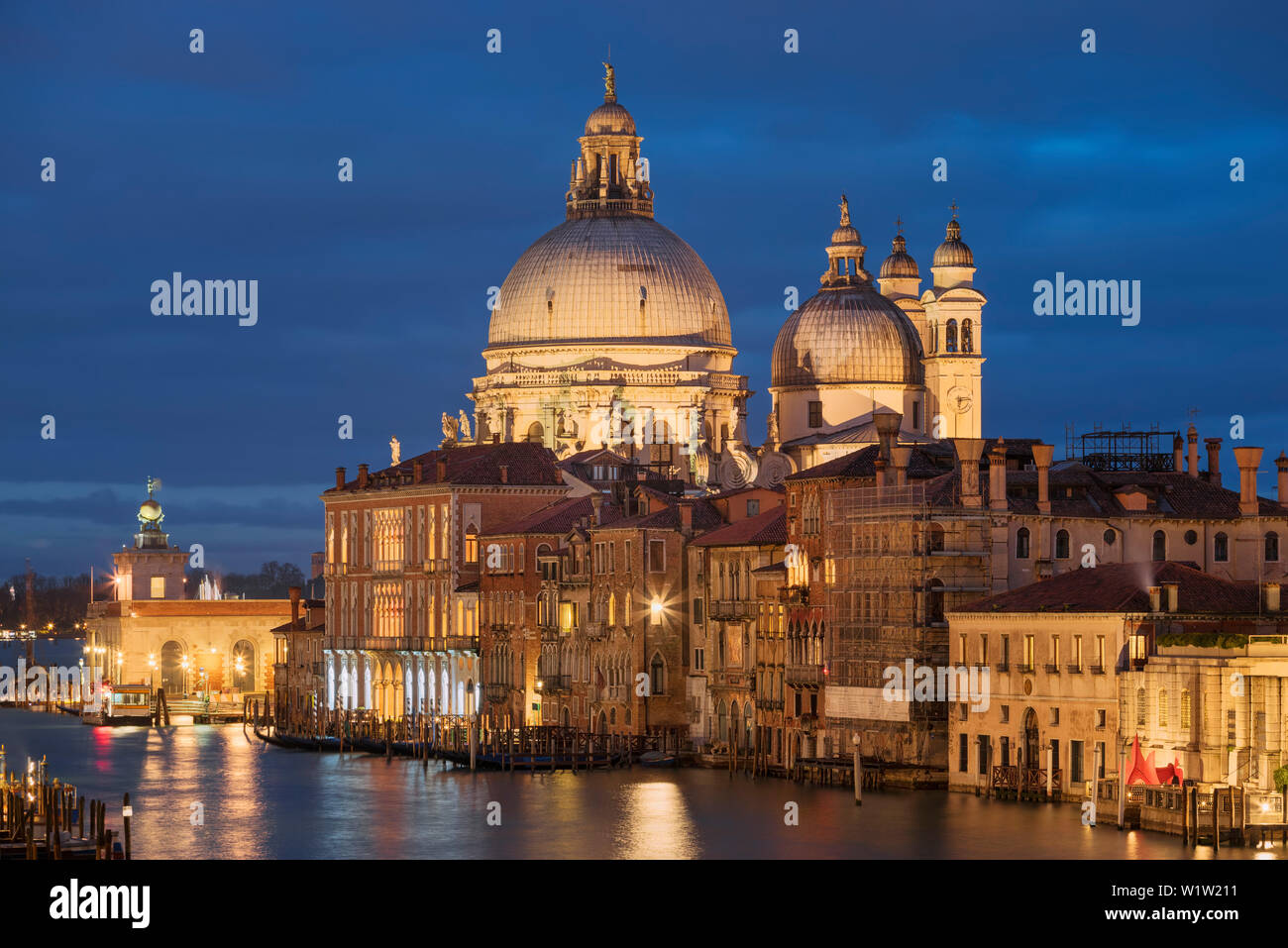 Donnant sur le Grand Canal avec les gondoles et allumé les maisons et l'église de Santa Maria della Salute dans le bleu de la nuit, Dorsoduro, Venic Banque D'Images