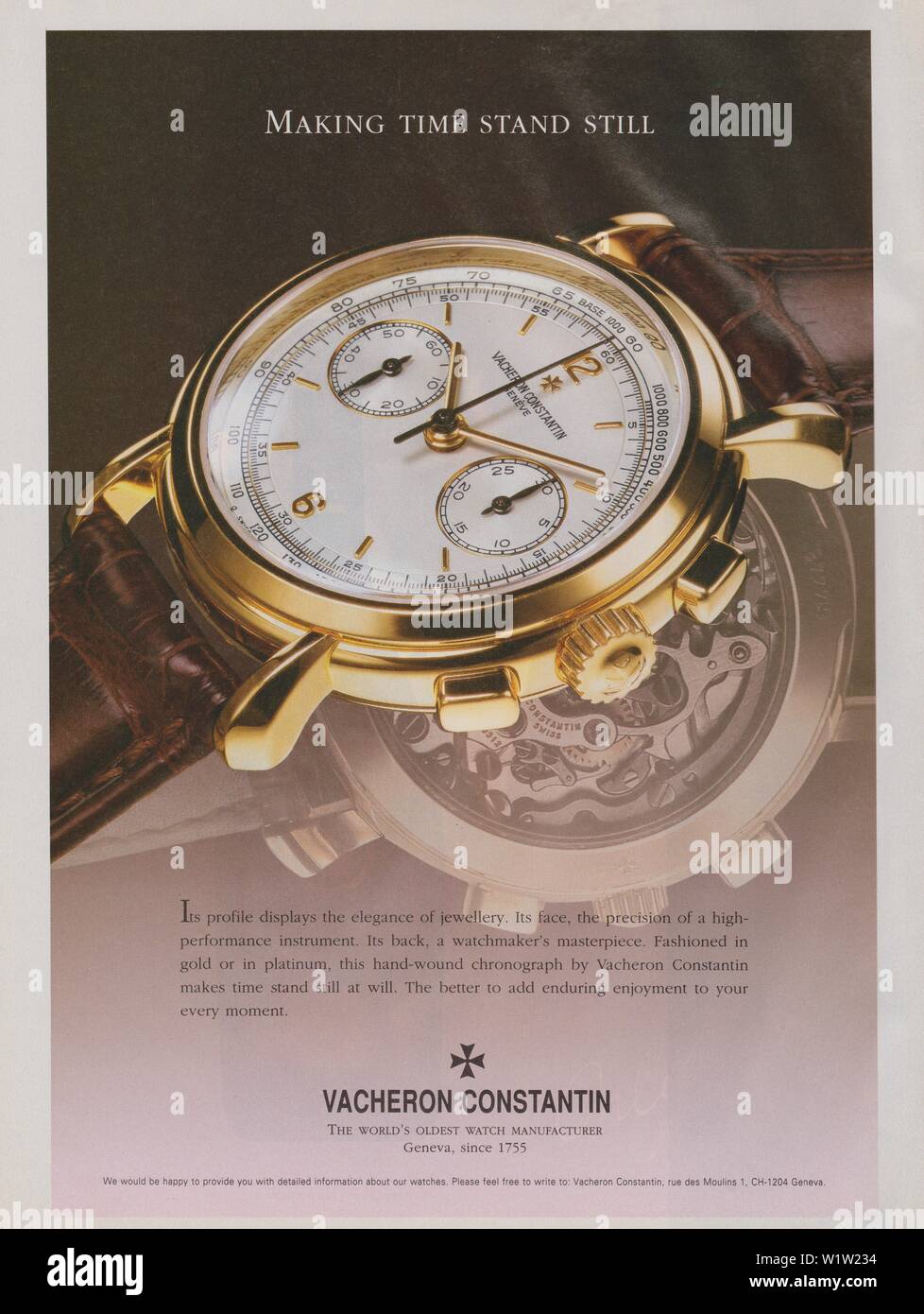 Affiche publicitaire de Vacheron Constantin watch, dans la version papier du magazine 1997, faisant de l'année Time stand still slogan publicitaire, publicité créative à partir de 1990 Banque D'Images