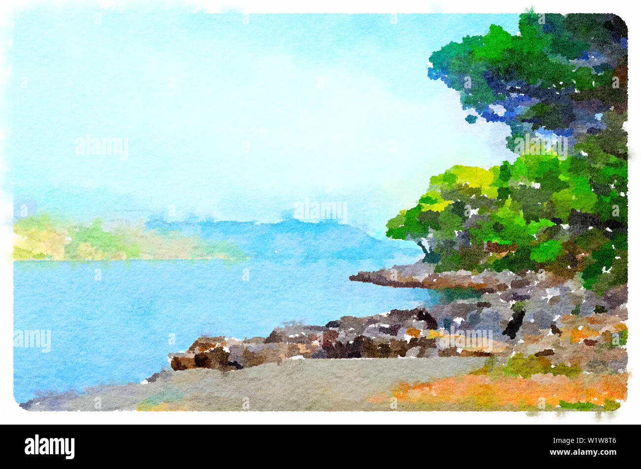 Peinture aquarelle de la plage et des paysages d'eau Banque D'Images