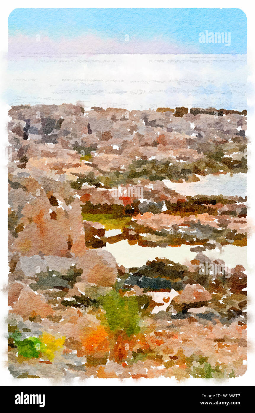 Peinture aquarelle de la plage et des paysages d'eau Banque D'Images