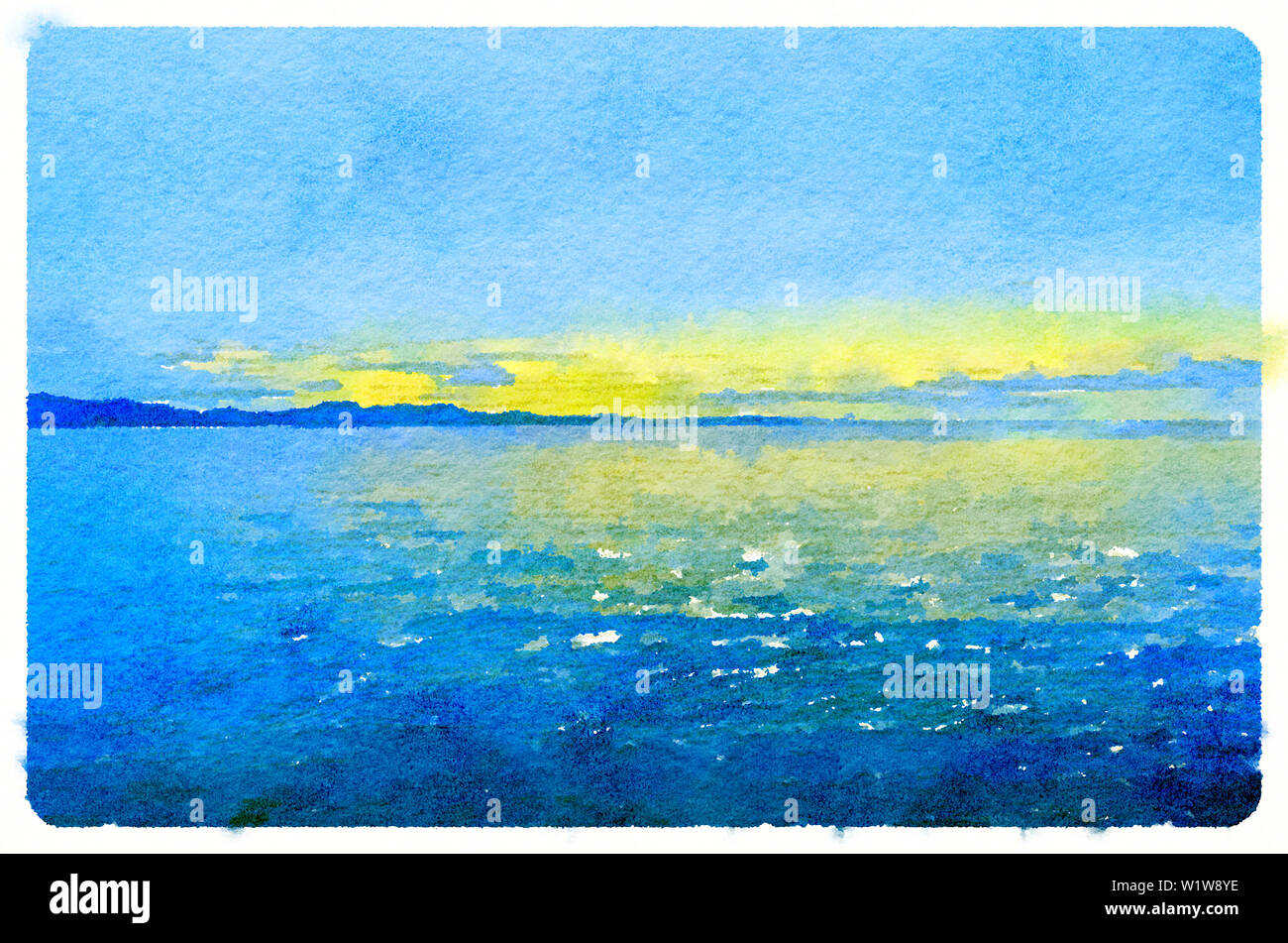 Peinture aquarelle de la plage et des paysages d'eau Banque D'Images