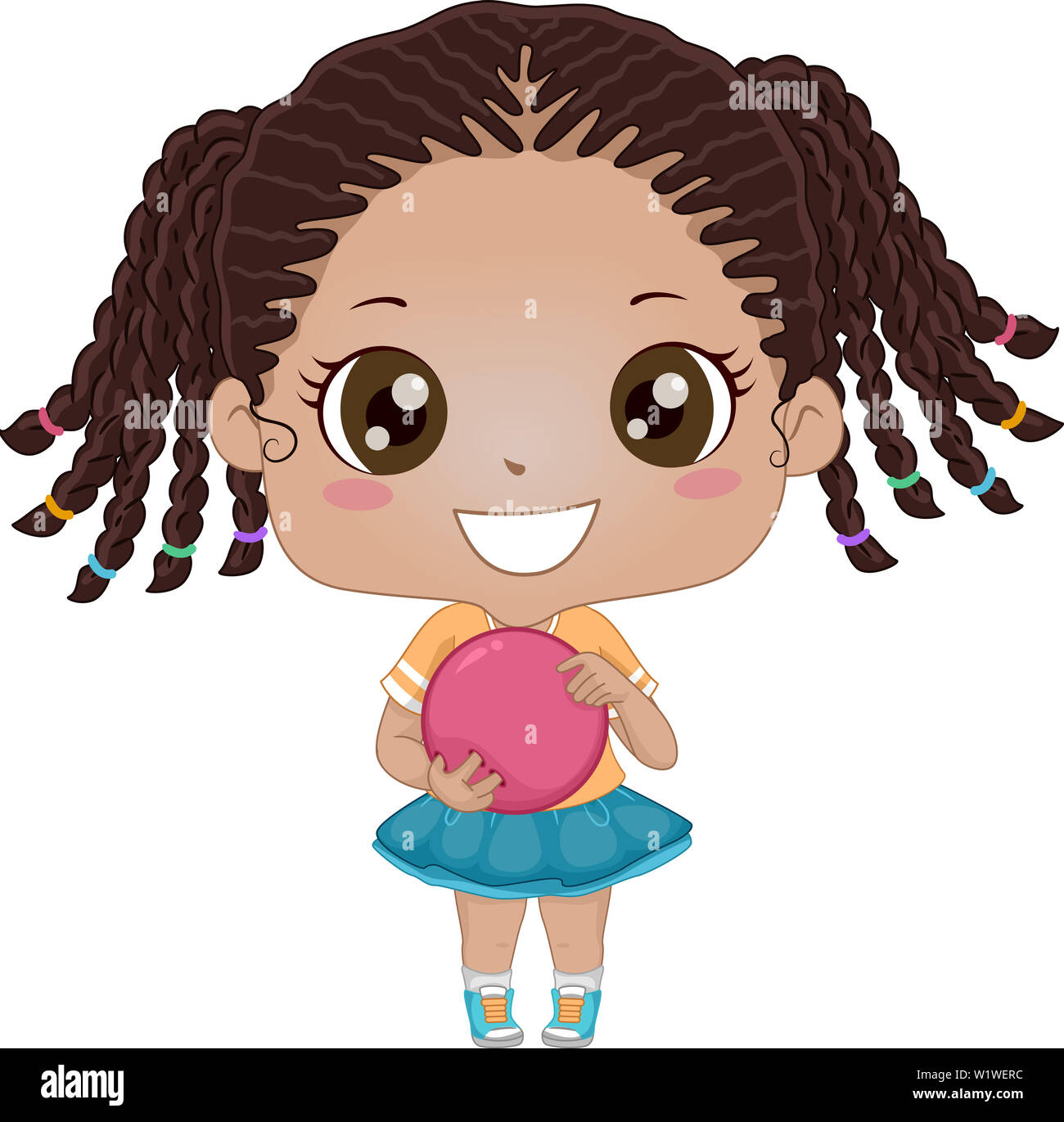 Illustration of a Smiling African American Kid Girl Holding a Bowling Ball Banque D'Images