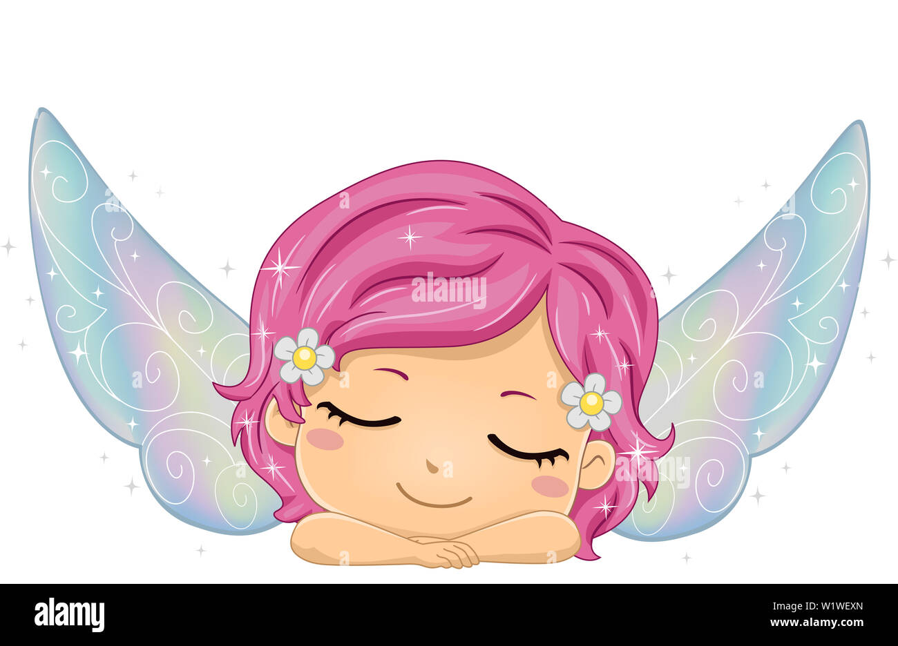 Illustration d'une jeune fille avec des ailes de fées pour enfants avec ses yeux fermés Sleeping Banque D'Images