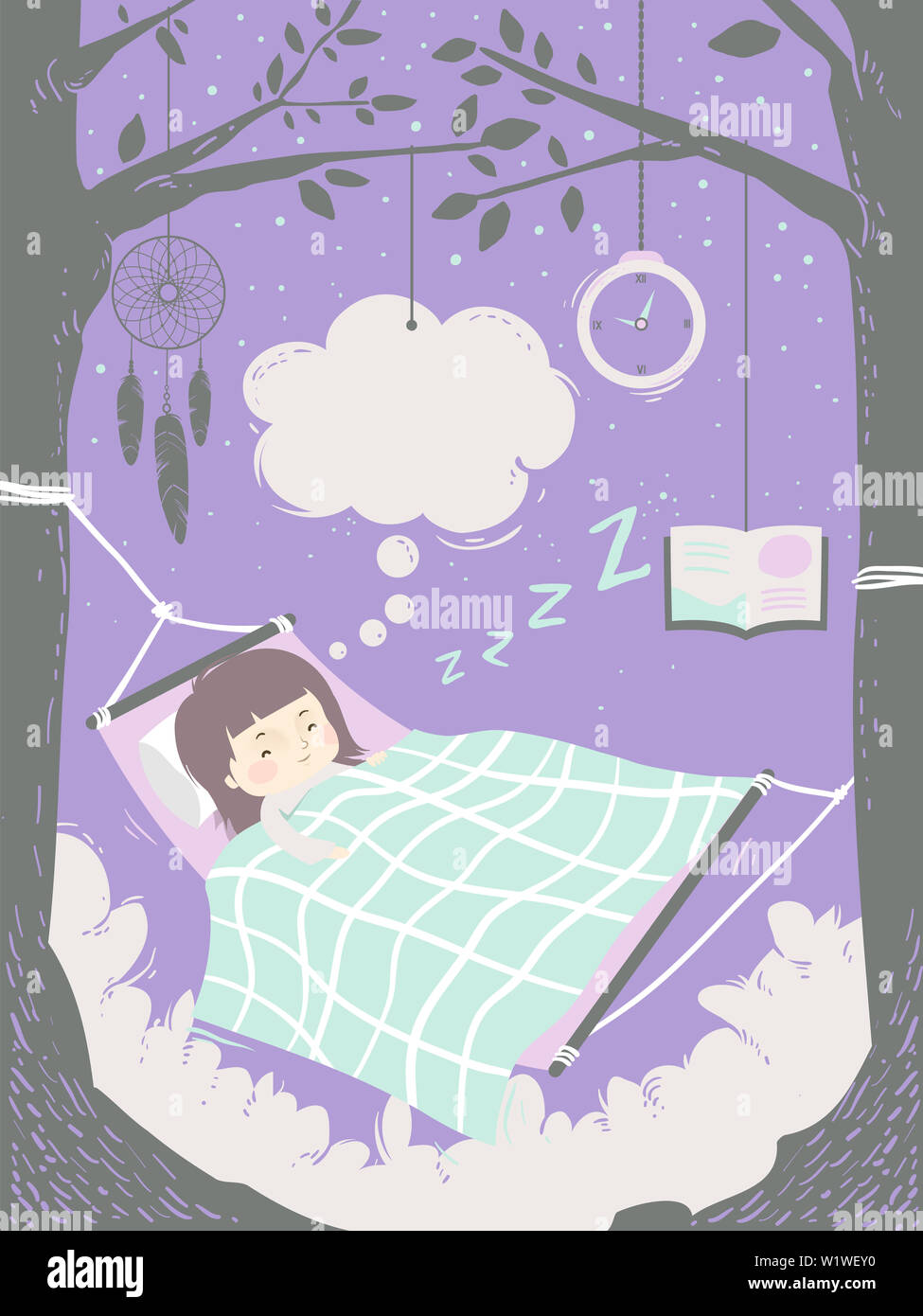 Illustration d'un enfant dormant dehors fille vierge avec Cloud pense rêver Banque D'Images