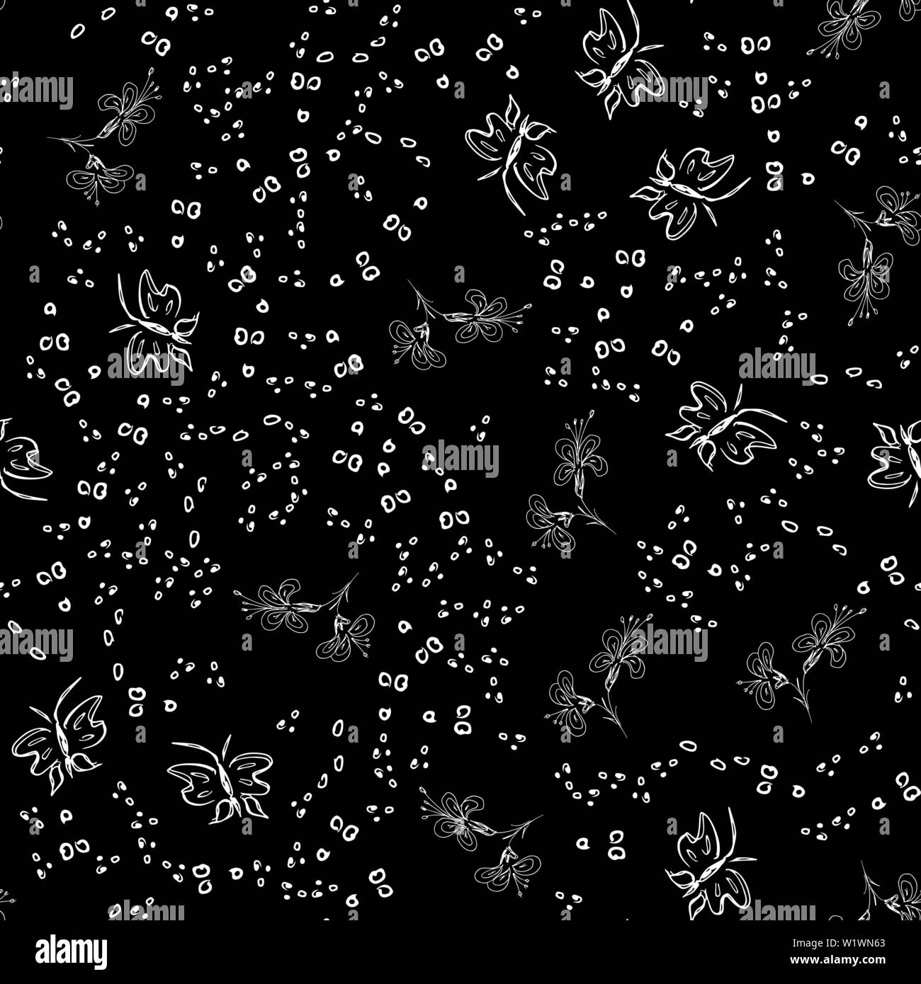 Contour transparent papillon vecteur dans un style d'art de la ligne sur fond noir. Papillon d'art de la ligne. Animaux de dessins animés, des fleurs et des points. Une conception simple Illustration de Vecteur