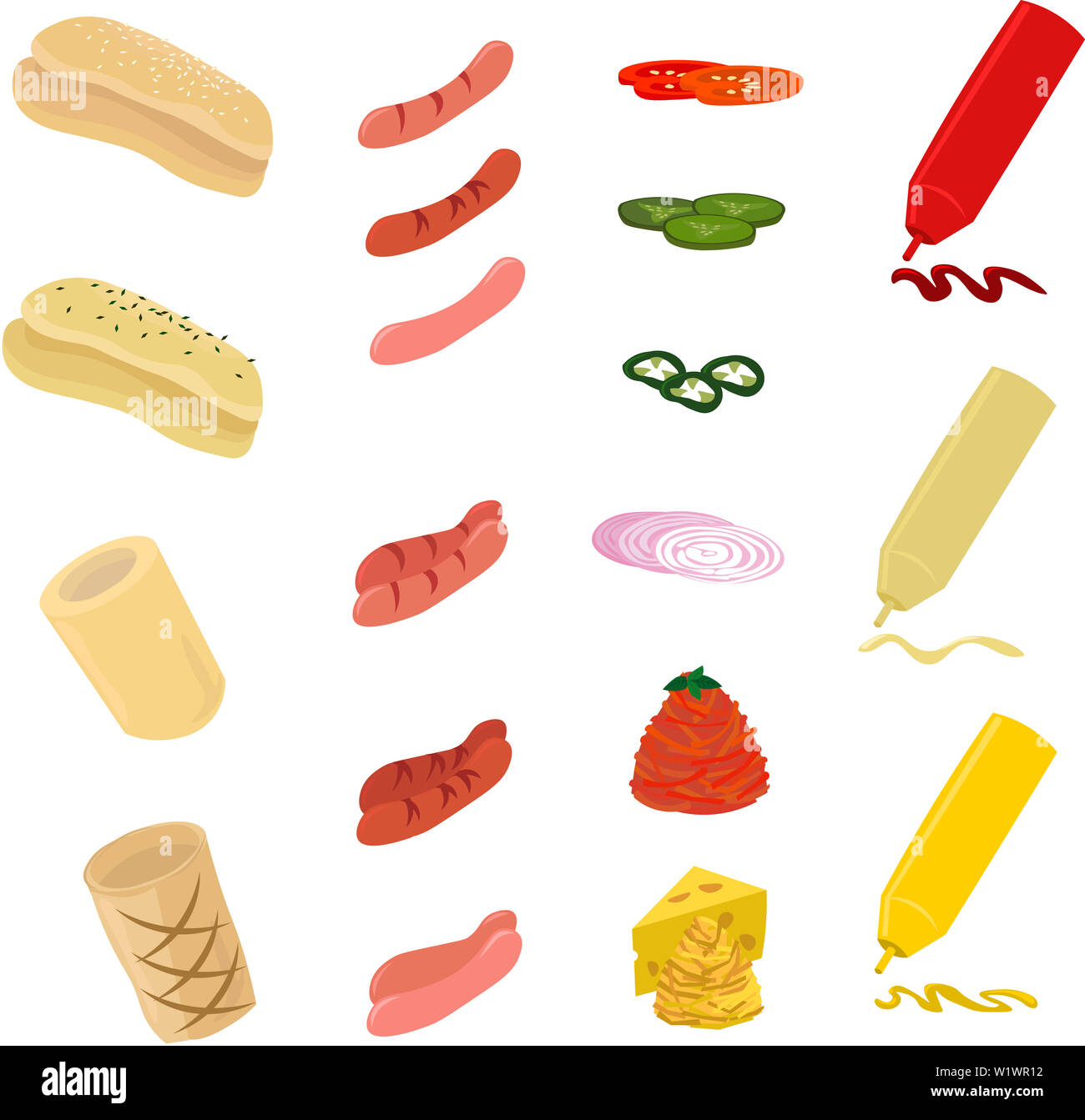 Ensemble d'ingrédients pour hot dog. Différents types de pains, saucisses, légumes et sauces. Conception pour cafe, foodcourt, menu, recette. Banque D'Images