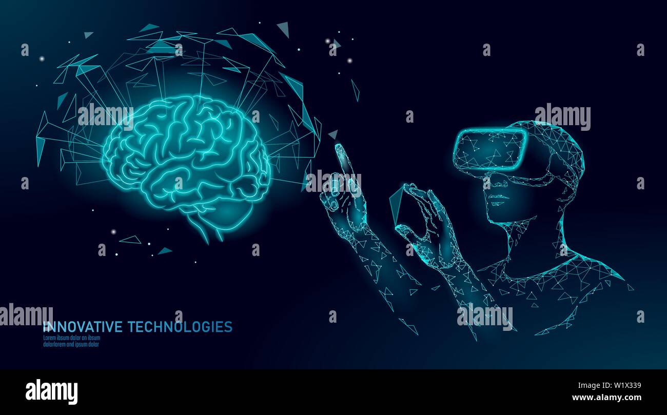 Cerveau humain actif casque VR niveau suivant menthal capacités. L'homme portant des lunettes réalité augmentée bleu géométrique rougeoyant. Vecteur Neurocomputer Illustration de Vecteur