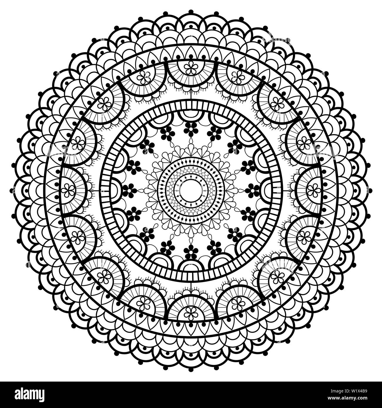 Dentelle rétro motif Mandala vecteur conception ronde, avec des fleurs et des vagues en noir sur fond blanc Illustration de Vecteur